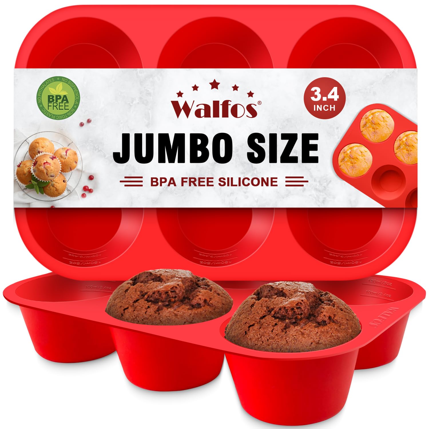 Walfos Silicone Texas Muffin Pan Set- 6 Cup Jumbo Silicone Cupcake Pan, Non-Stick, Just PoP Out! Perfect for Egg Muffin, Big Cupcake - BPA Free and Dishwasher Safe, Set of 2