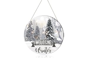 Huwena Christmas Winter Welcome Sign Welcome Winter Wooden Hanging Sign Winter Door Decoration Wreath with Silver White Bow Berries with Celebrate the Arrival of Winter Hangable Outdoor Decorations