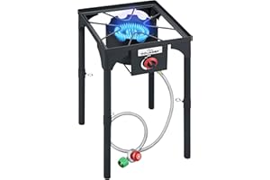 COOKAMP High Pressure Single Propane Burner 55,000BTU Outdoor Camping Stove with 0-20 PSI Adjustable Regulator and Steel Braided Hose (55,000BTU)