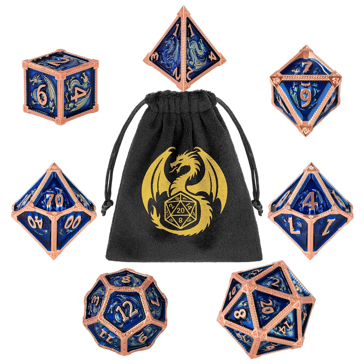 D&D Dragon Dice with Bag, Metal Polyhedral RPG Dice Set, D20 D12 D10 D% D8 D6 D4, DND Starter Set, MTG Board Games Accessories, Birthday Christmas for Men Women, Blue Copper — image 1
