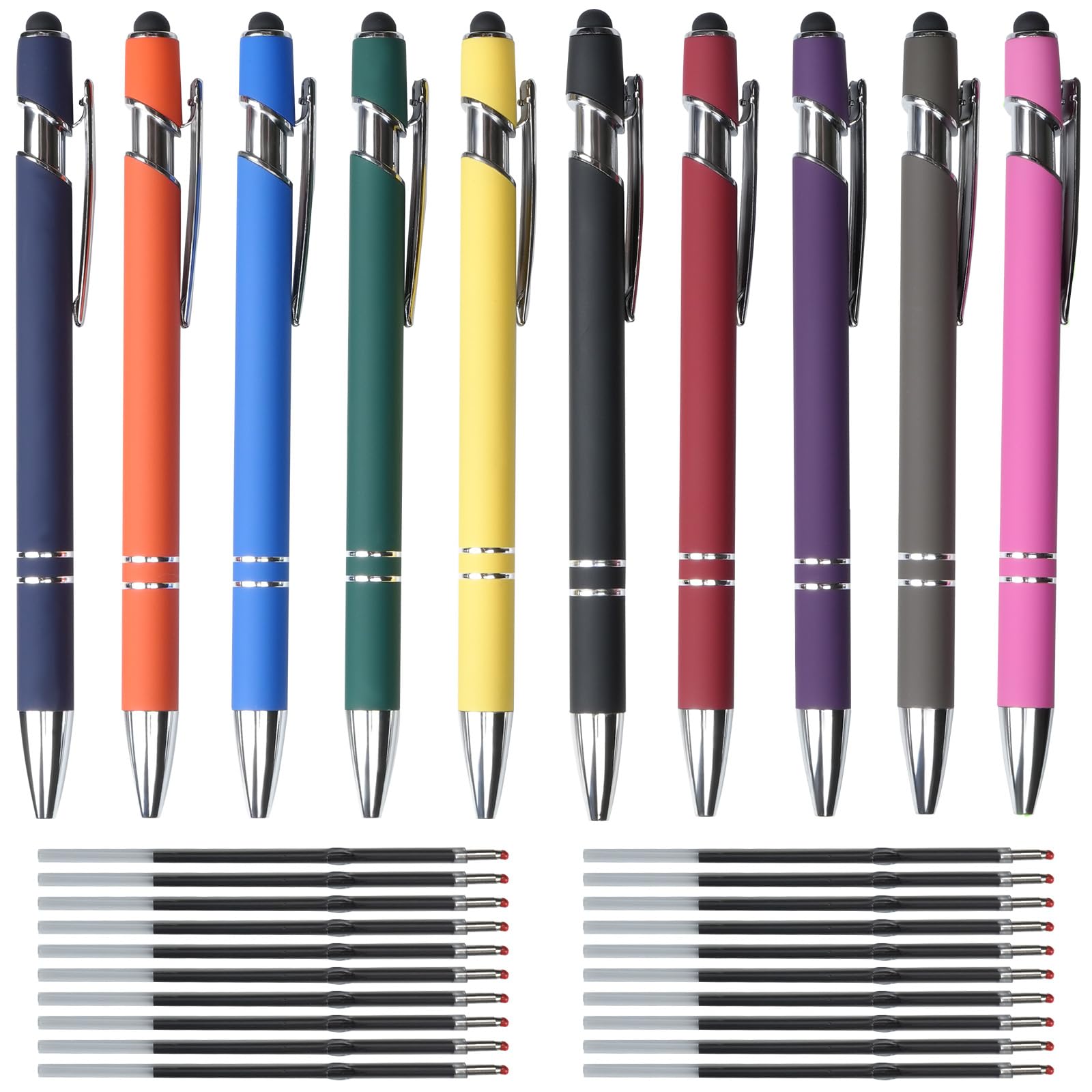 Hengxinc 10 pcs Ballpoint Pens Retractable Multipack with Stylus Tip, 2 in 1 Durable Pens with 20 pcs Refills, Ergonomic Black Ink Pens Set, Funny Pens for Work Colleagues Women Men Office Gift