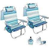 2 Pack Folding Backpack Beach Chairs for Adults, 5-Position Aluminum Lightweight Reclining Beach Chair, Low Sands Compact Chairs with Cup Holder & Headrest for Lawn Patio Poolside,Supports 300lbs