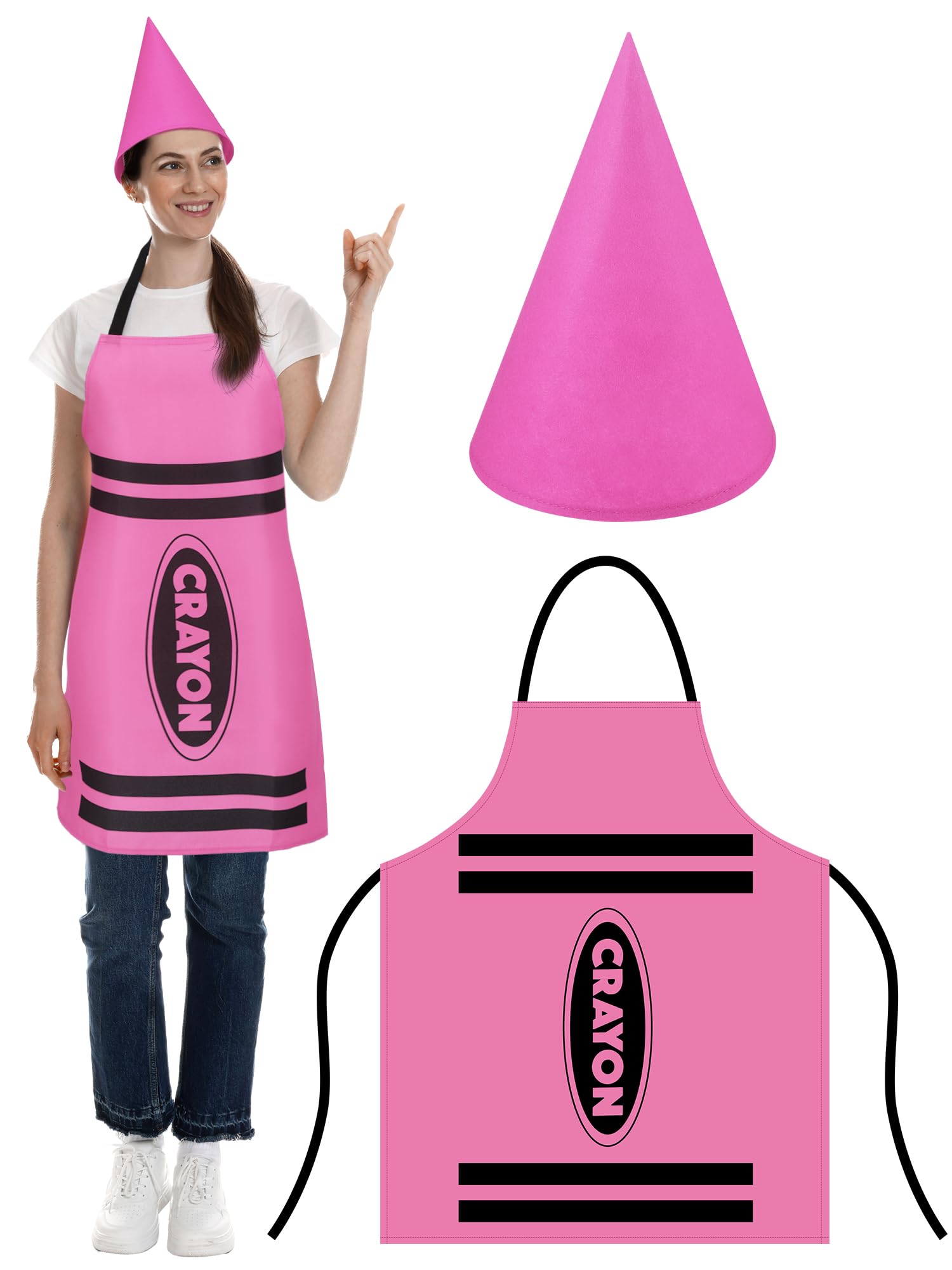 Photo 1 of Teenyyou Crayon Apron and Funny Gnome Cone Hats for Costume Set for Adults Fancy Dress Outfit Halloween Cosplay Dress up(Pink)