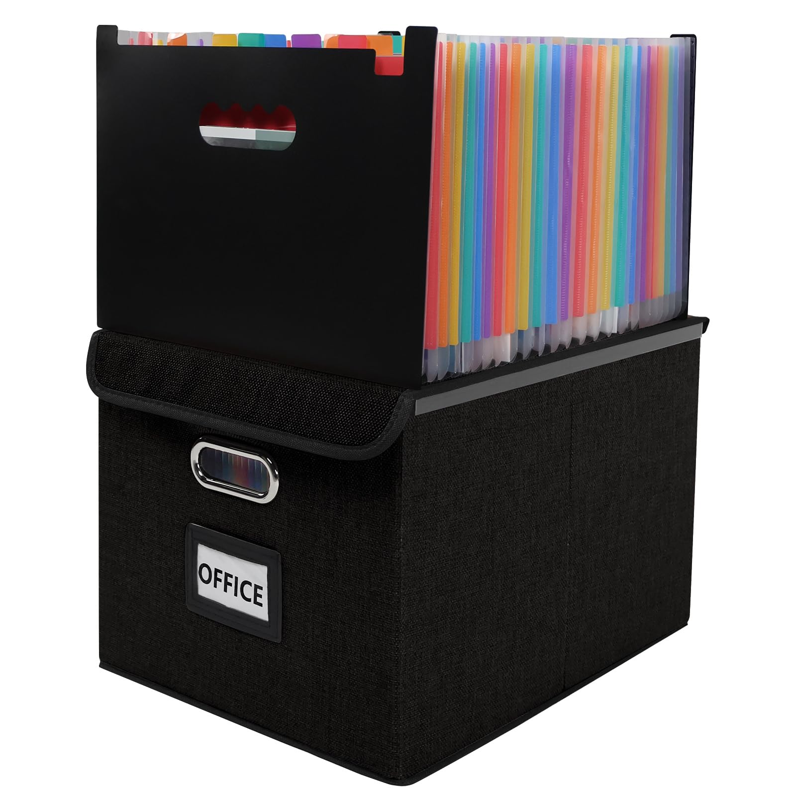 Photo 1 of Vexalora File Organizer Box with Folder, 25 Pockets Accordion File Organizer with Colored Labels, Upgraded & Portable File Folders for Home, Office, School, Black