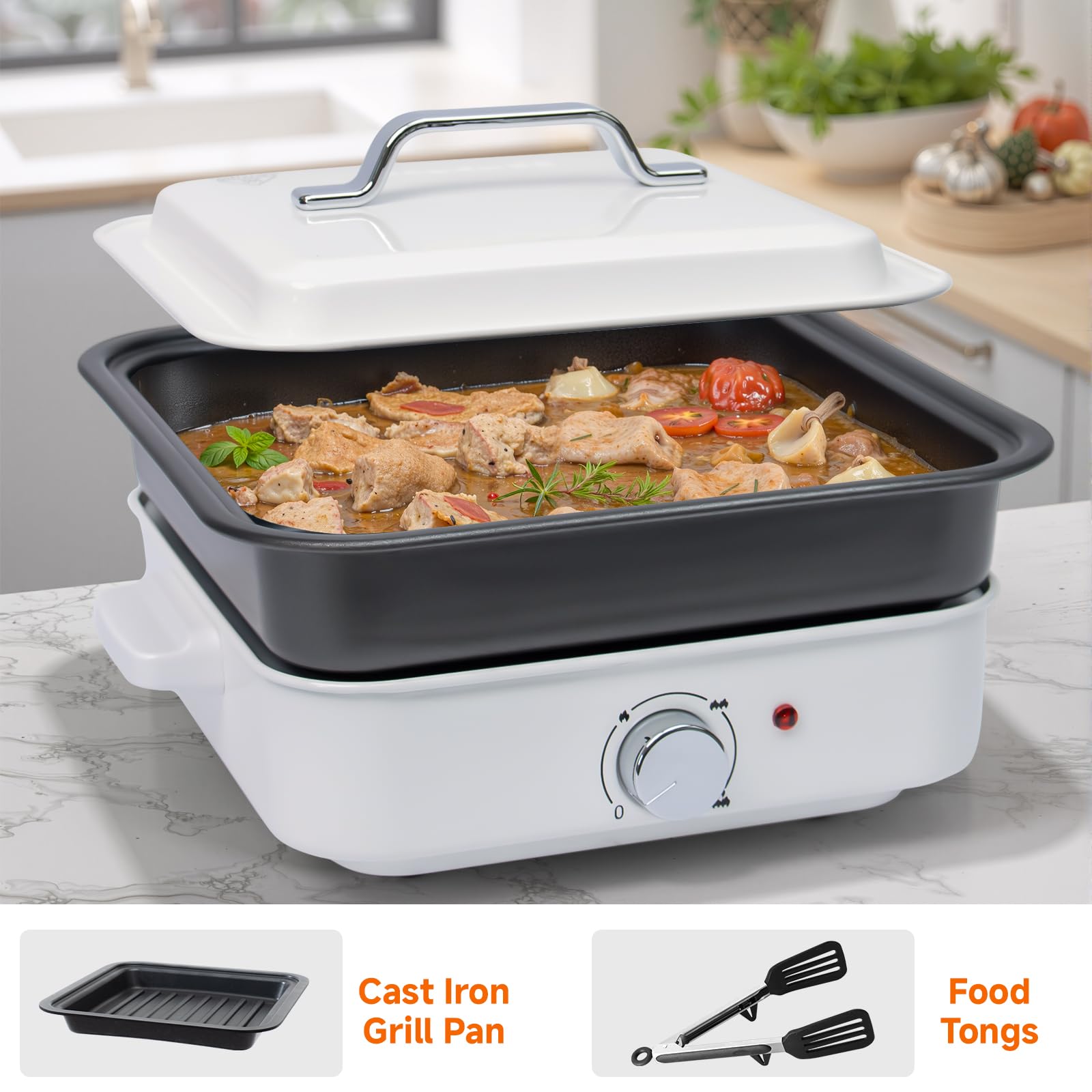2-in-1 Electric Hot Pot, 4L Non-Stick Portable Shabu Pot with Grill Pan & Removable Pot, Non-stick Ceramic Oil Coating, Multi-Power Control 400W/1200W Non-Stick Pot for Dorm, Office, Apartment, White