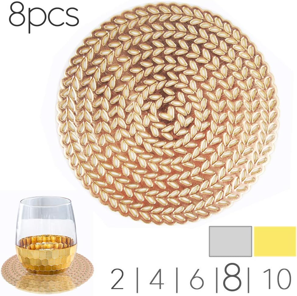 MANGATA Gold Coasters Round Set, Heat Resistant Cup Mats for Drinks Glass, Tea Cups, Coffee Mugs (Non-Slip,8 Sets)