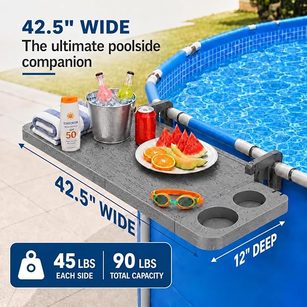ARLIERSS POOL BAR FOR ABOVE GROUND POOL, SWIM UP BARS FOR POOL, 42.5″ X 12″ POOL SIDE TABLE WITH 90 LBS CAPACITY, POOLSIDE BAR CLIP-ON FOLDABLE TABLETOP EASY INSTALL