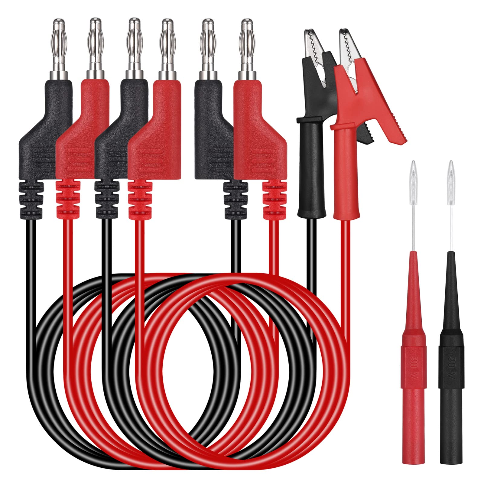 Hejo 6PCS Multimeter Test Leads Set, 4PCS 4mm Banana Plug Test Leads with 2PCS Measuring Tip, Stackable Pluggable Soft Test Cabels Length of 1M for Multimeter