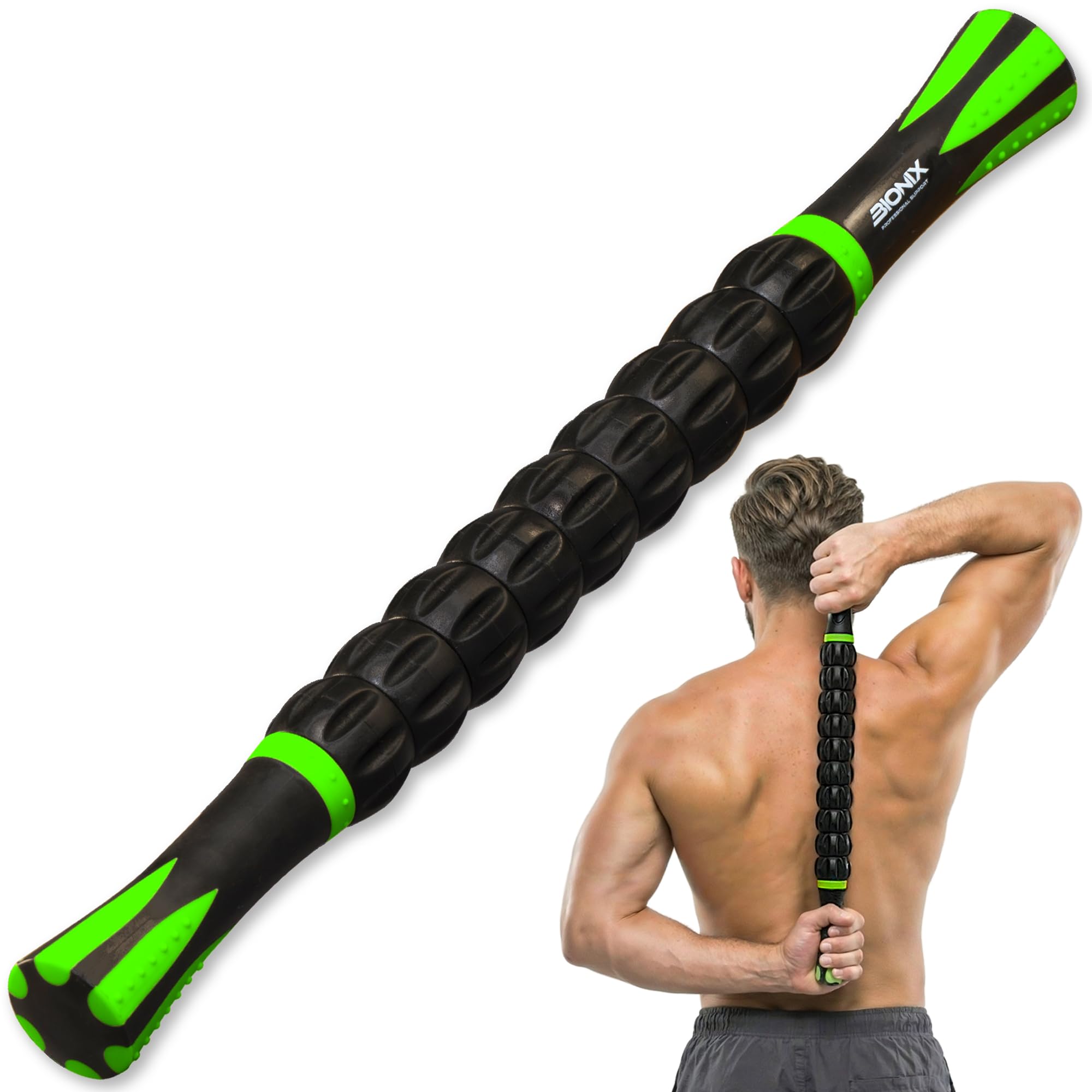 Bionix Massage Roller Stick for Muscles - Deep Tissue Muscle & Leg Roller with 9 Rollers, Non Slip Handles, Trigger Point & Myofascial Release Tool for Calf, Legs & Recovery