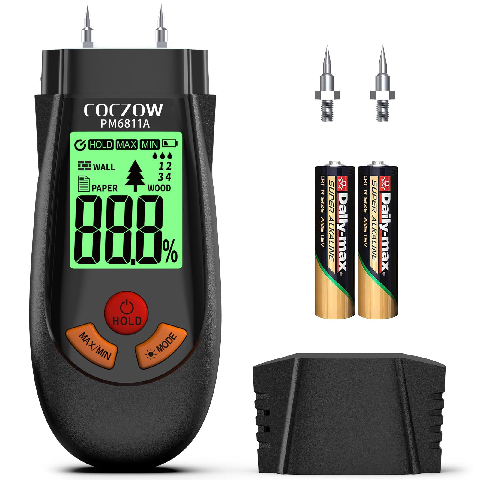 COCZOW PM6811A Digital Moisture Meter，6-in-1 Wood Timber Paper Wall Damp Tester，±1% Accuracy Pin-Type Humidity Detector with Tricolor Backlit LCD，GB/T1931 Standard for Firewood Drywall Plaster DIY