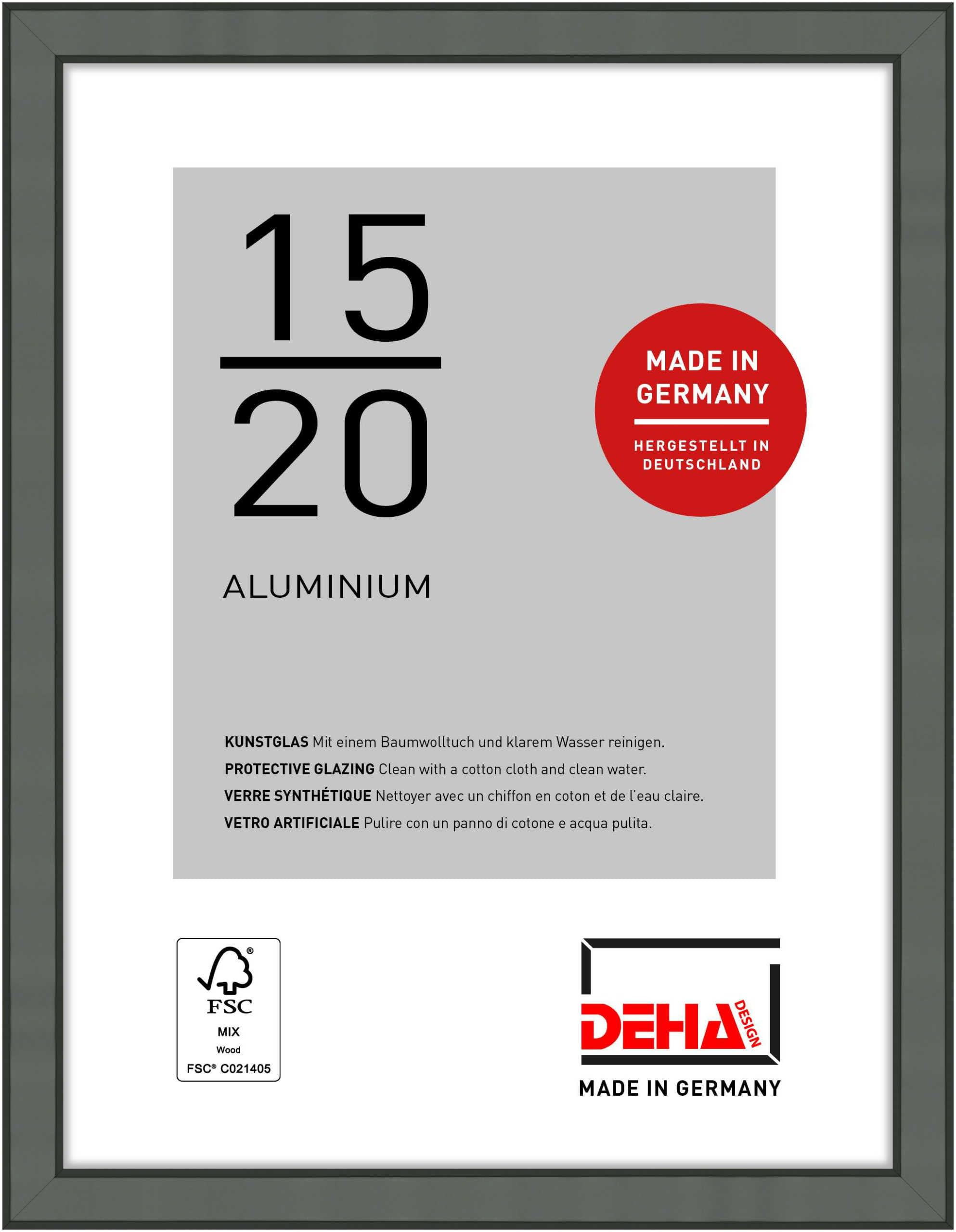 DEHA Design Boston Aluminium Picture Frame - 15x20 cm (6x8 in) – Grey - with Synthetic Glass and Push/Turn Clips