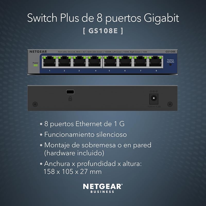 GS108E Switch de 8 Puertos Gigabit Ethernet Plus, gestionable, Montaje de sobremesa o en Pared y protección de por Vida Limitada