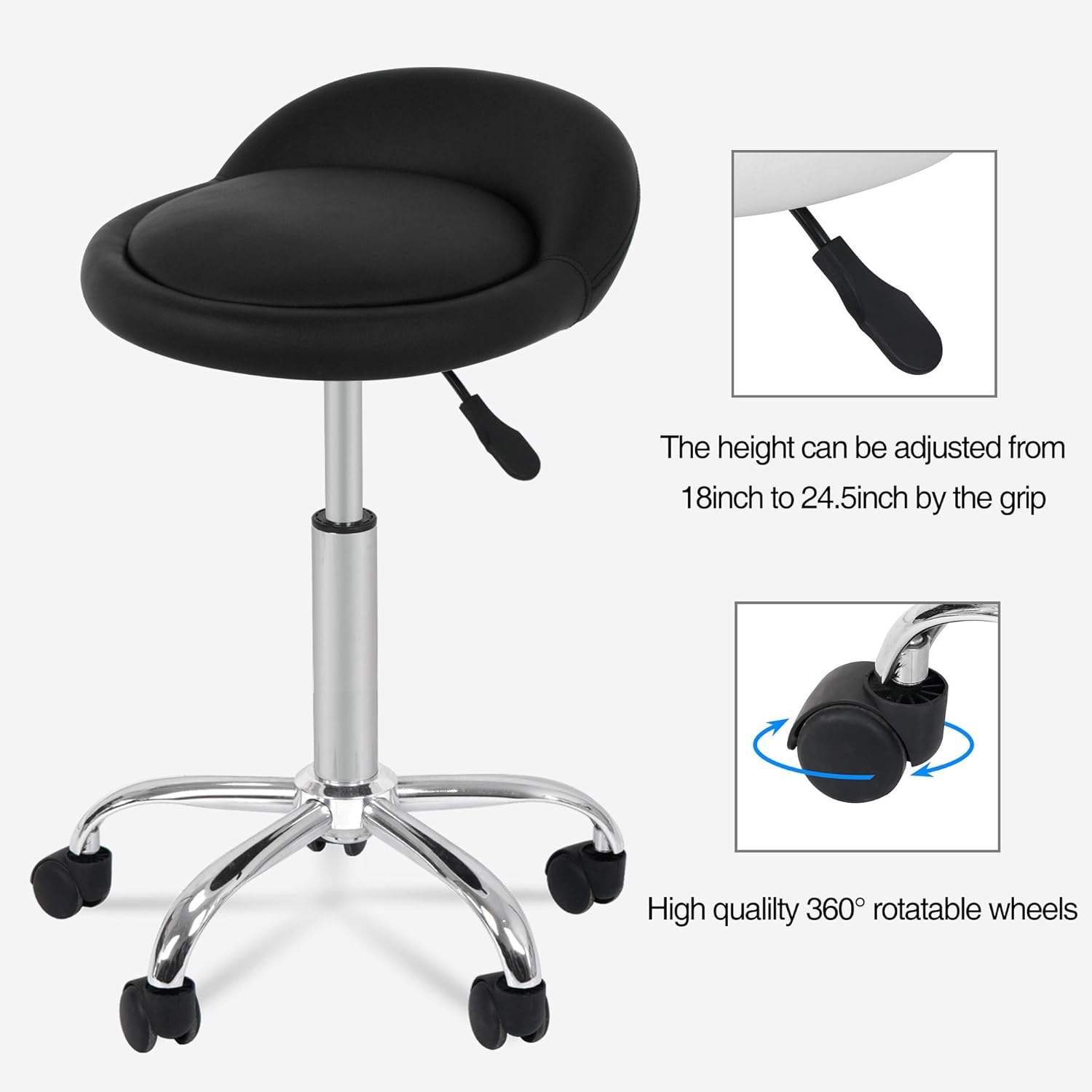 Adjustable Hydraulic Rolling Swivel Stool Chair Salon Tattoo Office Massage Medical Facial Spa Stool Chair with Wheels Backrest PU Cushion (Black): Furniture & Decor