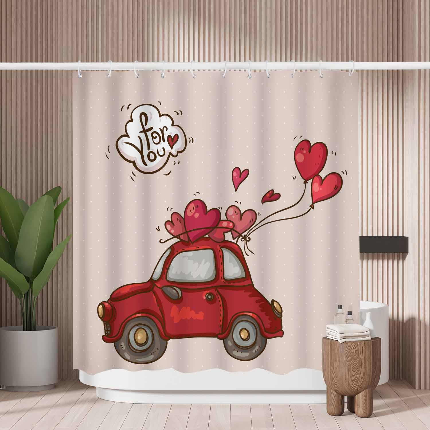 Woutay Shower Curtain Mould Proof Resistant Red Car and Balloons Hearts,Water Repellant Fabric,Polyester,with 12 Plastic Hooks