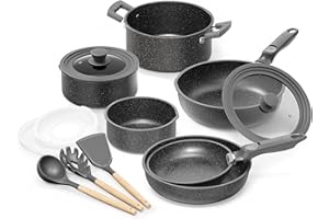 Bazova 15 Pcs Pots and Pans Set with Detachable Handle and Utensils, Nonstick Granite Cookware Set,Space Saving Stone Kitchen Induction Cookware Sets,Dishwasher/Oven Safe, PFOA/PFOS Free