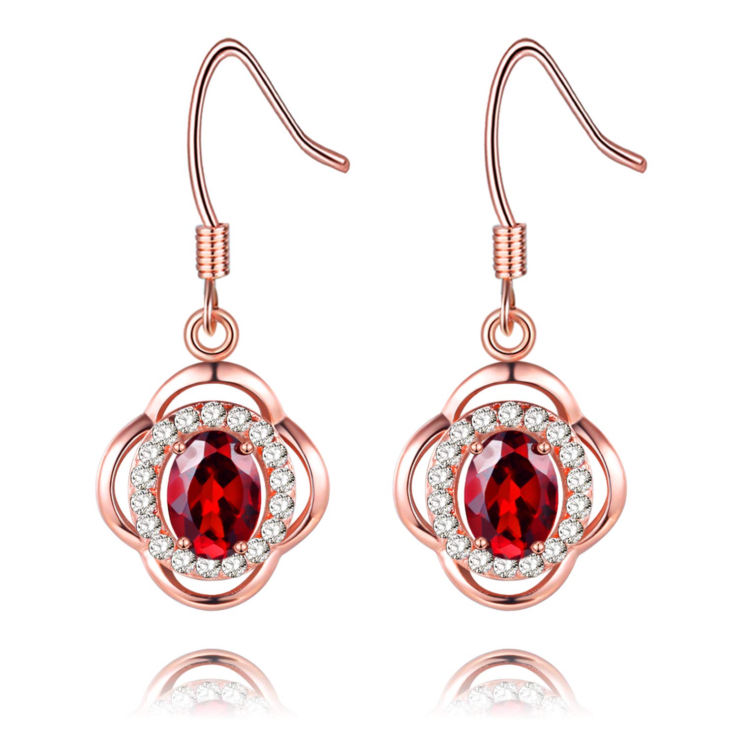 Uloveido Women Red Garnet Stone Dangle Earrings Studs Rose Gold Plated 925 Sterling Silver Earrings for Girls Birthday Anniversary Jewellery Gift FR046