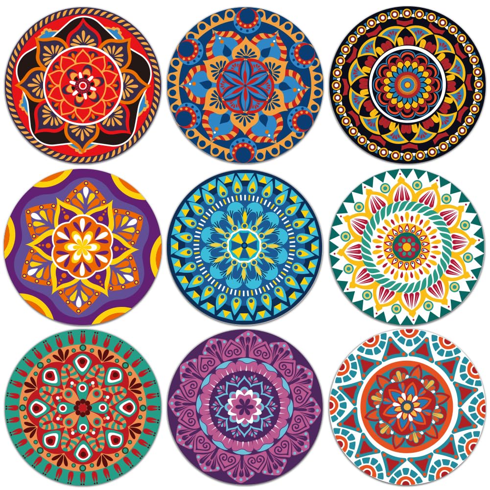 BENECREAT 9Pcs Coasters for Drinks, Mandala Variant Coasters Boho Flower Wood Drink Coaster Coffee Cup Mat for Kitchen Bar Cup Dining Decor, 10cm Diameter, 5mm Thick