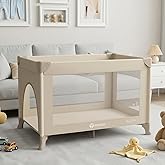 Trimigo Portable Baby Playard&amp; Playpen with Mattress, Travel Crib, Khaki | Baby Safe Folding Travel Bed w/ Mattress, Carry Bag,Breathable Mesh | Compact Lightweight Baby Bed for Babies &amp; Toddlers