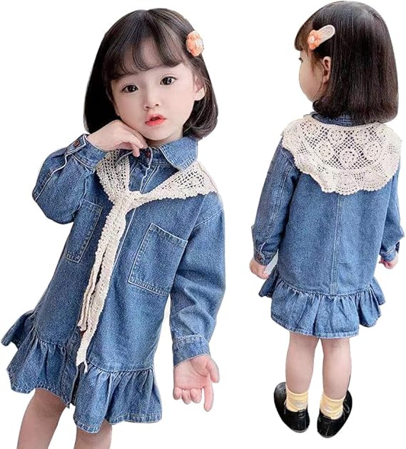Amazon Jdlxmd キッズ ワンピース 子供服 長袖 デニム シャツ 女の子ワンピース レースショールドレス80 90 100 110 1 130cm ワンピース チュニック 通販