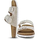YOKI GIAN-107 Cork Sandals For Women With Rhinestone Double Buckle - Lightweight Slip On Slides, Comfortable Footbed Sandals For Women