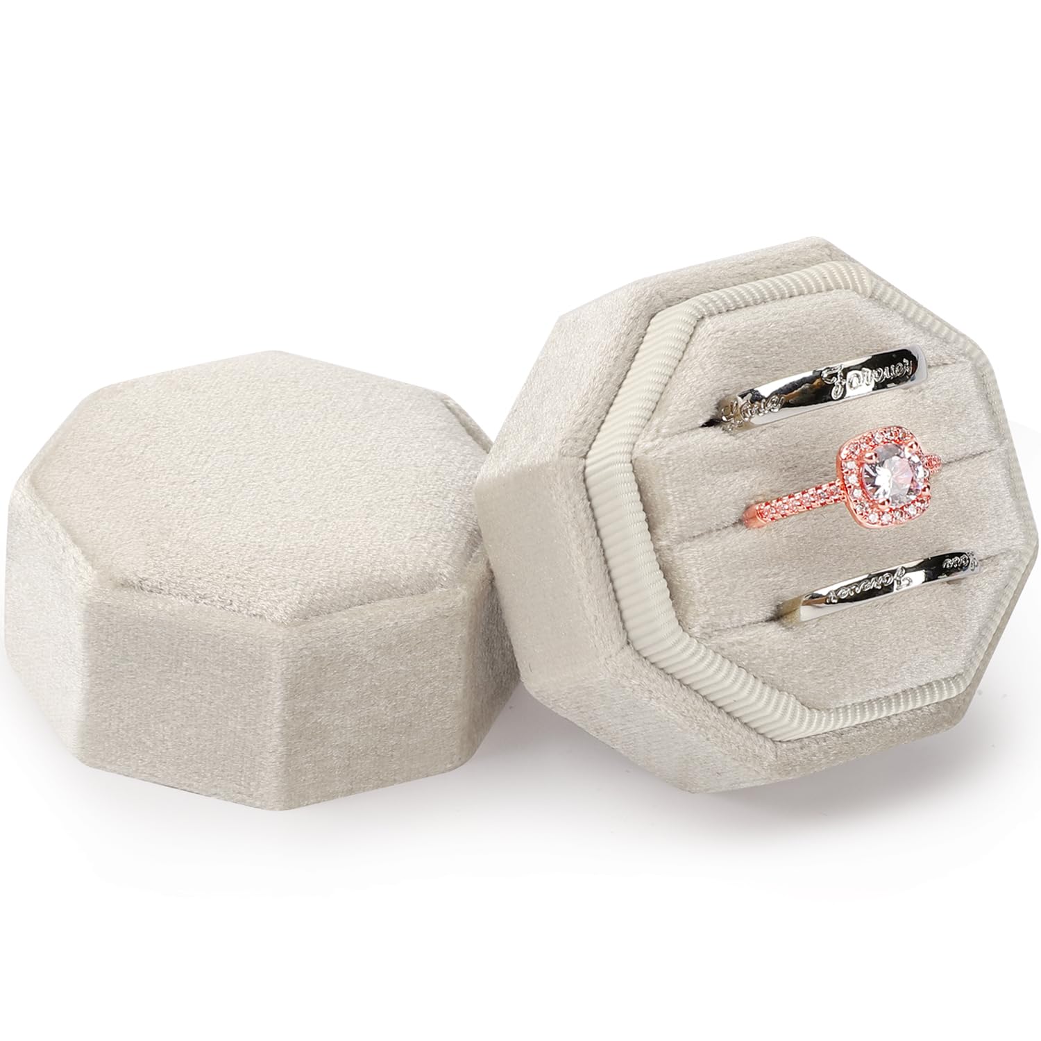 Photo 1 of MYEBIUAI Velvet Ring Box 3 Slots, Premium Jewelry Ring Storage Gift Box Vintage Ring Display Holder Case for wedding ceremony Proposal Engagement (Beige)