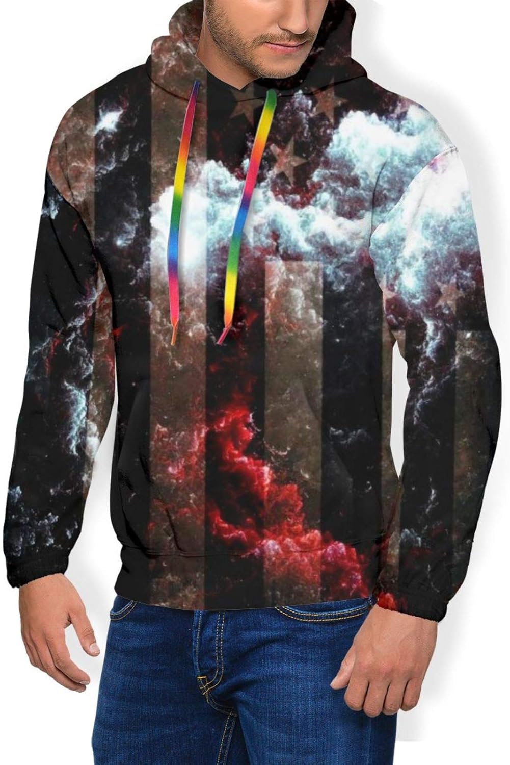 Us Flag Space All Over Print Men's Realistic 3D Digital Print Pullover Hoodie Hooded Sweatshirt 