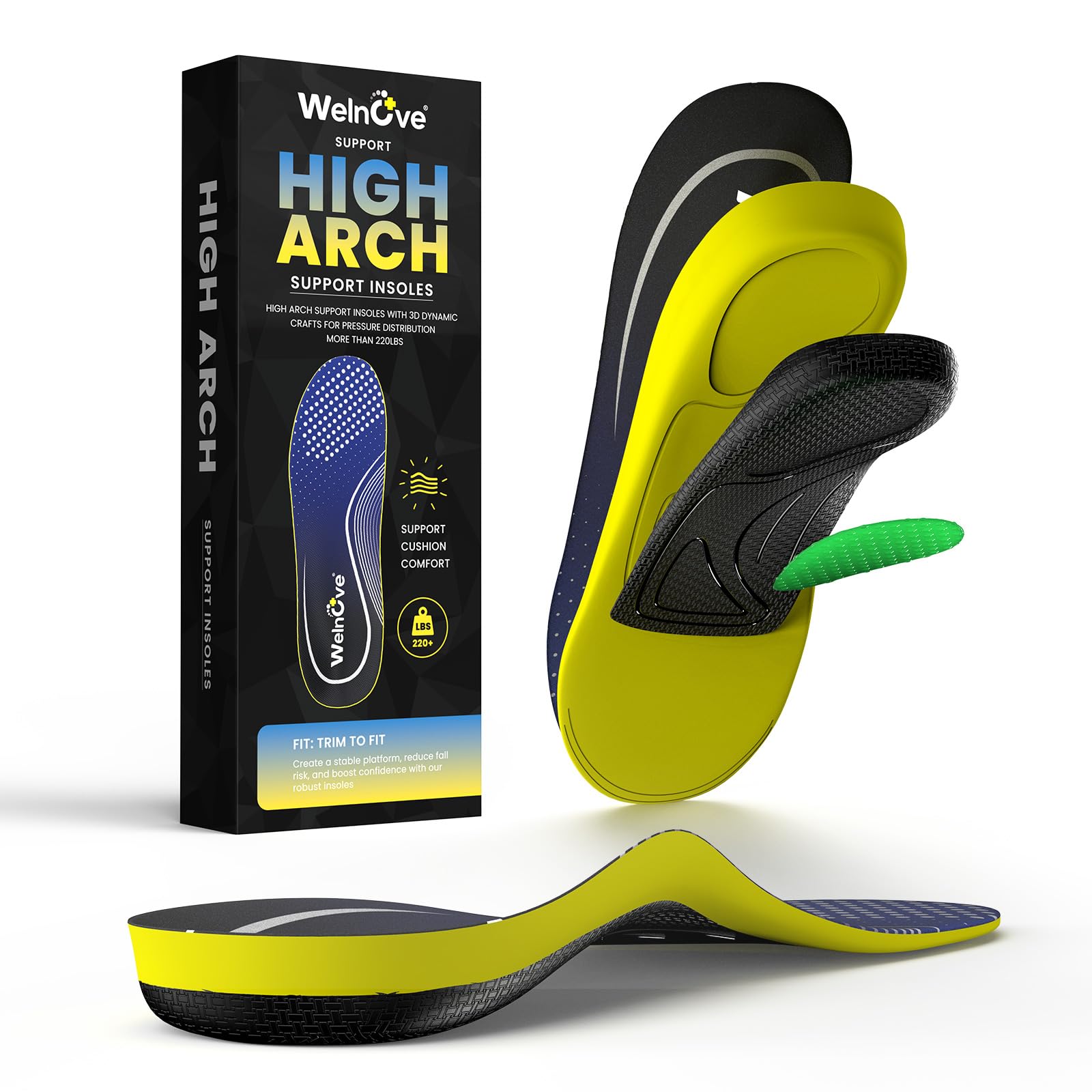 Photo 1 of High Arch Support Orthotics Insoles - Welnove Plantar Fasciitis Pain Relief Shoe Inserts for Flat Feet, Foot Pain, Heel Spurs - Fatigue Reduce All-Day Standing Work Boot Insoles Men & Women (XS)