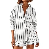 Tankaneo Womens 2 Piece Outfits Striped Long Sleeve Button Down Collared Shirt Matching Shorts Sets