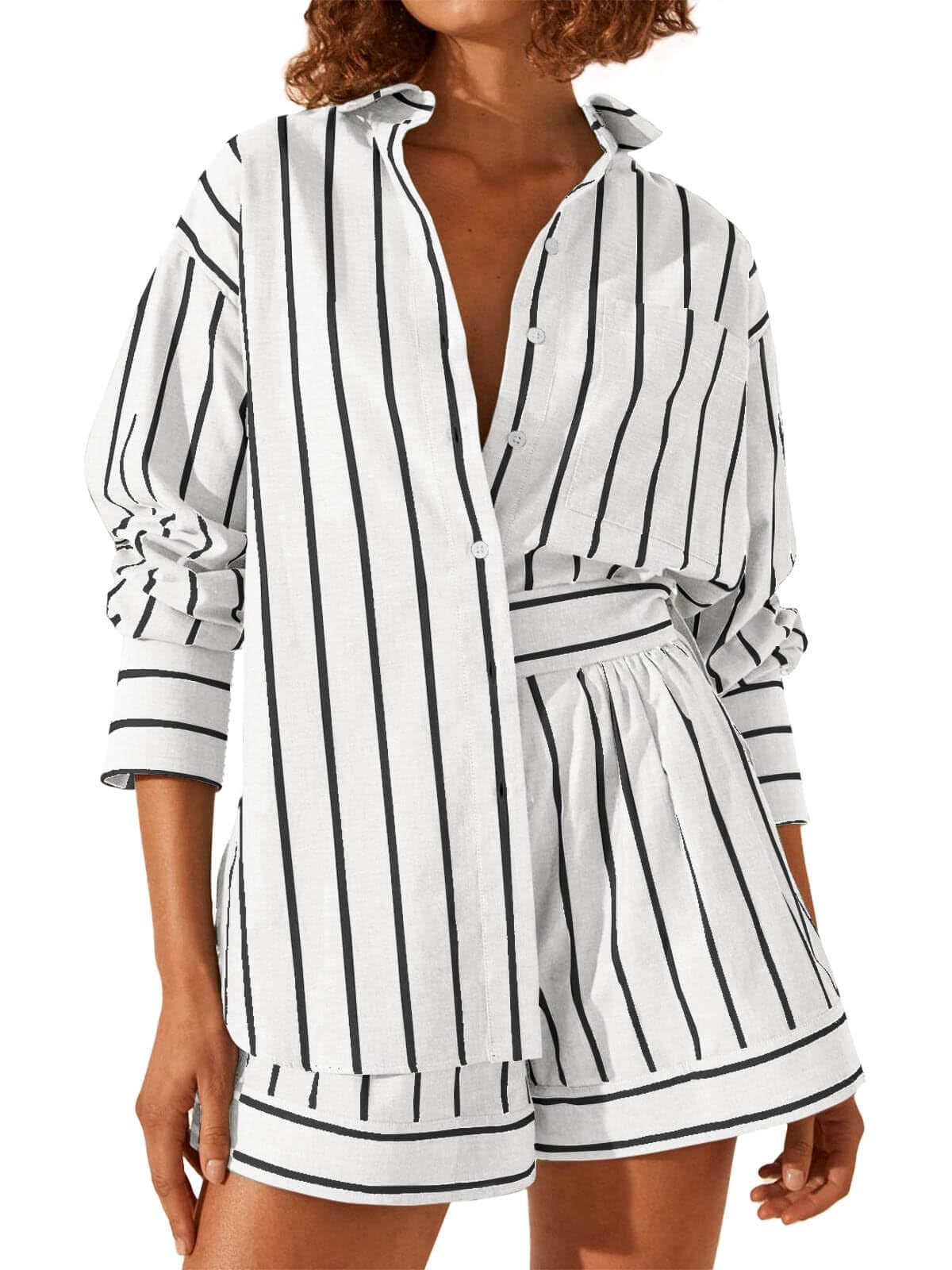 Photo 1 of ** UNKNOWN SIZE*** Tankaneo Womens 2 Piece Outfits Striped Long Sleeve Button Down Collared Shirt Matching Shorts Sets
