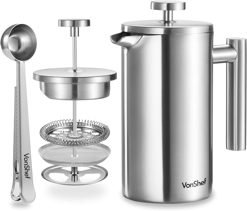 VonShef 6 Cup Cafetiere Stainless Steel 800ml Double Walled French Press