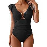 Eomenie Womens Ruffled One Piece Swimsuit Slimming Tummy Control Bathing Suit V-Neck Cutout Swimwear for Resort Wear