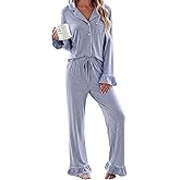 lulukaka Women Bamboo Viscose Pajama Sets Ruffled Cuff Hem Long Sleeve Fancy Yarn 2 Piece Loungewear Loose Fit Drop Shoulder