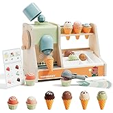 TOP BRIGHT Wooden Ice Cream Pretend Play Toys, Play Kitchen Set for Kids with Ice Cream Counter & Scoop & Menu, Montessori To