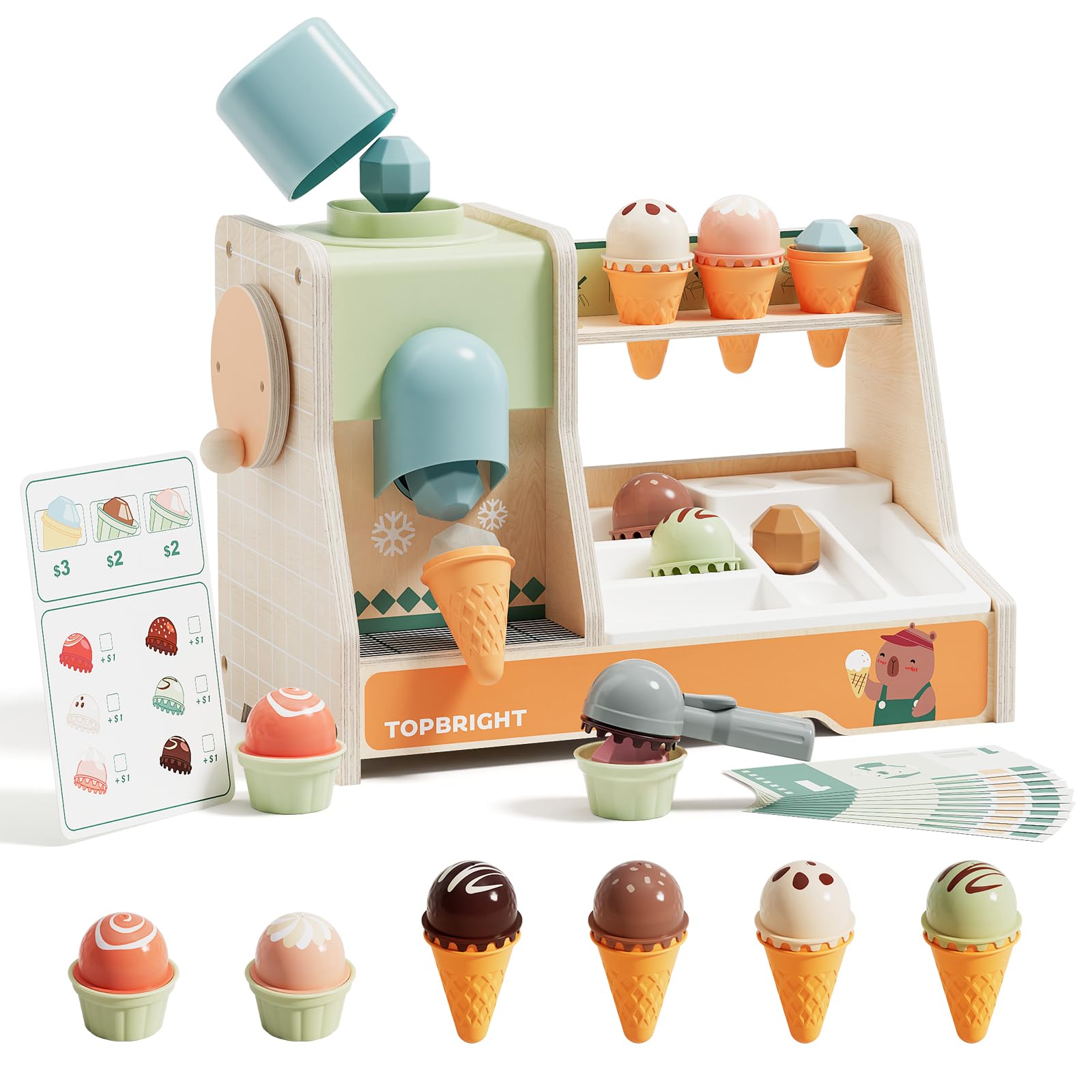 TOP BRIGHT Wooden Ice Cream Pretend Play Toys, Play Kitchen Set for Kids with Ice Cream Counter & Scoop & Menu, Montessori Toys for Boys Girls Capybara Gift Age 3+