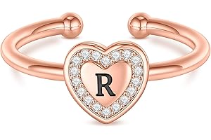 BRIJEWLIC Initial Rings for Girls Teen Girls, White Gold/Rose Gold Plated Initial Rings for Teen Girls Heart Initial Rings for Girls Stackable Rings for Teen Girls Adjustable Rings for Girls Teen Girls Gifts