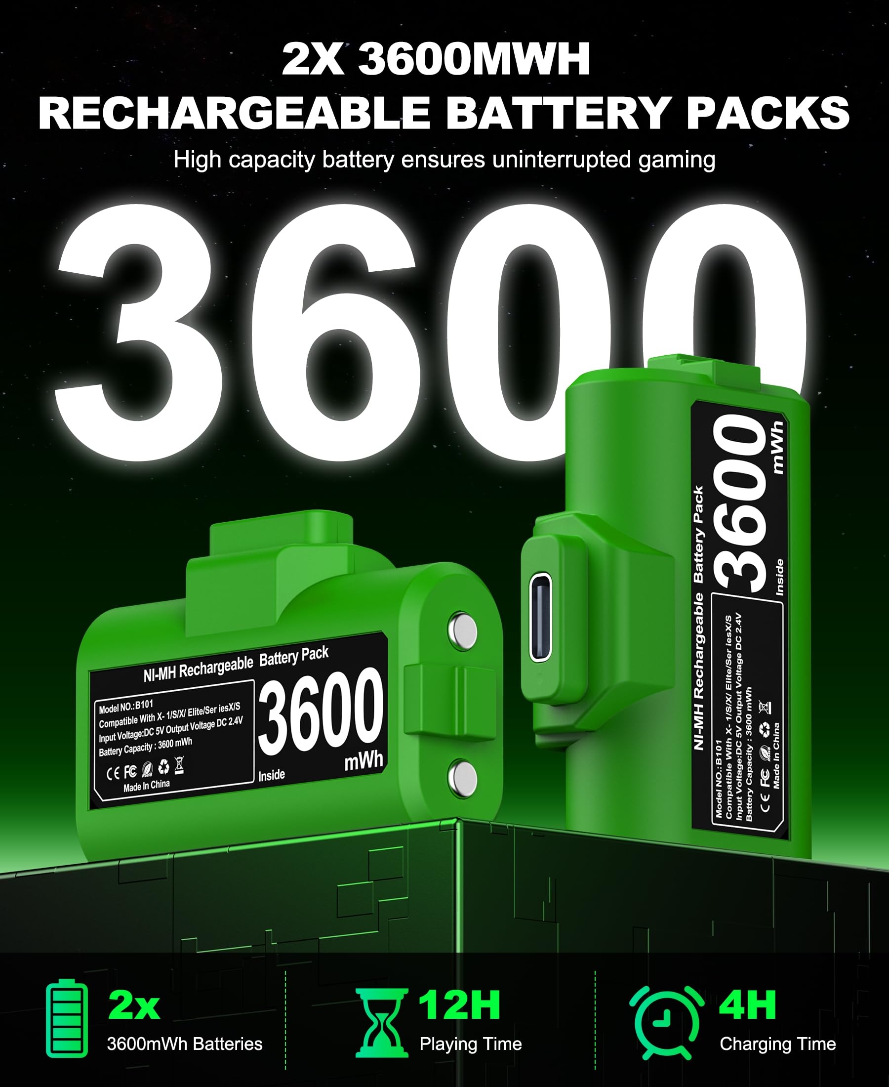 EXTREMECOOL Rechargeable Xbox Controller Battery Pack for Xbox Series X|S/One S|X/One Elite Controllers, Xbox Play and Charge Kit Incl. 2x3600mWh X-1 Batteries, 4X Battery Covers, Xbox 360 Skins