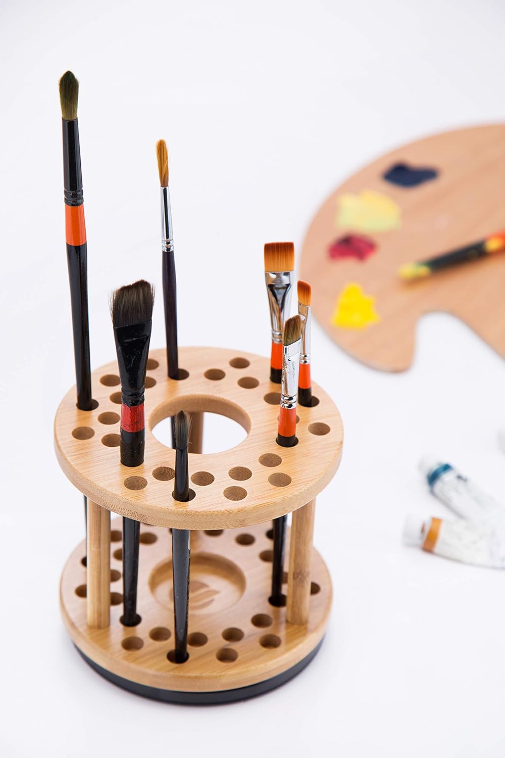 JackCubeDesign 360 Rotating Bamboo Watercolor Paint Brush Holder Water Coloring Brush Organiser Display Stand Tray Rack with 27 Holes and 1 Big Hole - Image 4