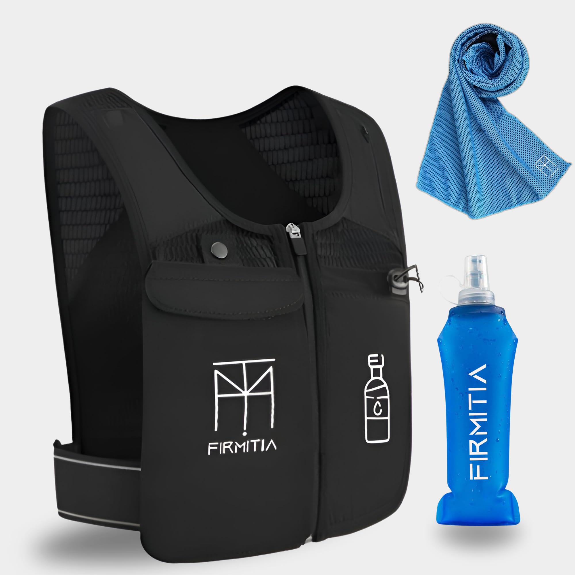 Adjustable Hydration Running Vest 🏃‍♂️🏃‍♀️ | Waterproof, Lightweight, Reflective with 500ML Bottle & Breathable Cooling Towel 🧊 | 5 Pockets for Phone, Keys & Essentials