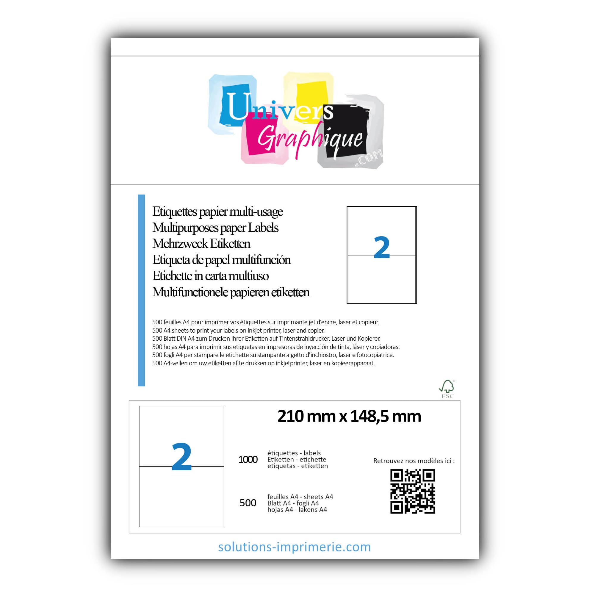 UniversGraphique, 1000 Sticky A5 Labels on A4 Sheets, White Adhesive, 210 x 148.5 mm, 500 Sheets, 2 Labels per Sheet, Ref UGCMO1-500
