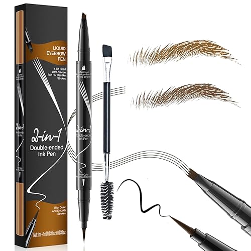 Eyebrow Pen 2-in-1 Dual Ended Waterproof Eyebrow Pencil with 4 Prong Microblading Tip & Brush, Smudgeproof & Long Lasting Eyebrow Pen for Natural Looking (01 light brown)