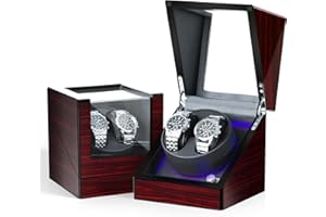 Mono-gatari Double Watch Winder for Automatic Watches 5 Rotation Mode Setting with LED Light, Double Watch Rotator in Wood Shell Piano Finish, Flexible Plush Pillow Japanese Super Quiet Motor