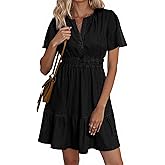 Simplee Womens Summer Denim Dress Casual Short Sleeve Mini Dress Boho Beach Flowy Tiered Short Jean Dresses with Pockets