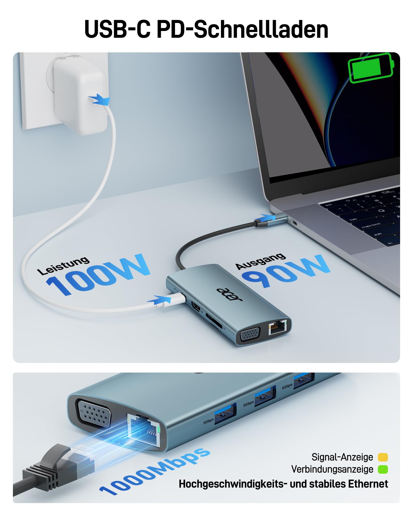 acer USB C Hub Docking Station, 9IN1 USB C zu 4K HDMI, 3xUSB 3.0 5Gbps, 1Gbps Ethernet, 100W PD, VGA, SD Katenleser, Aluminium Multiport Adapter für iPhone 15/16 Serie,MacBook/iPad Pro/Air,S24,Surface 5