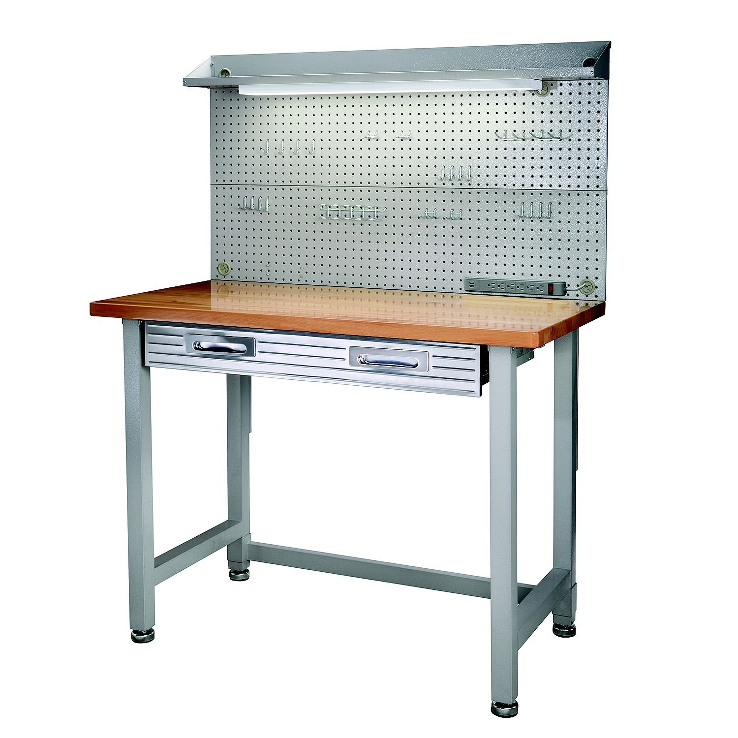 Hardwood Top Workbench Garage Worktable with Integrated Light and