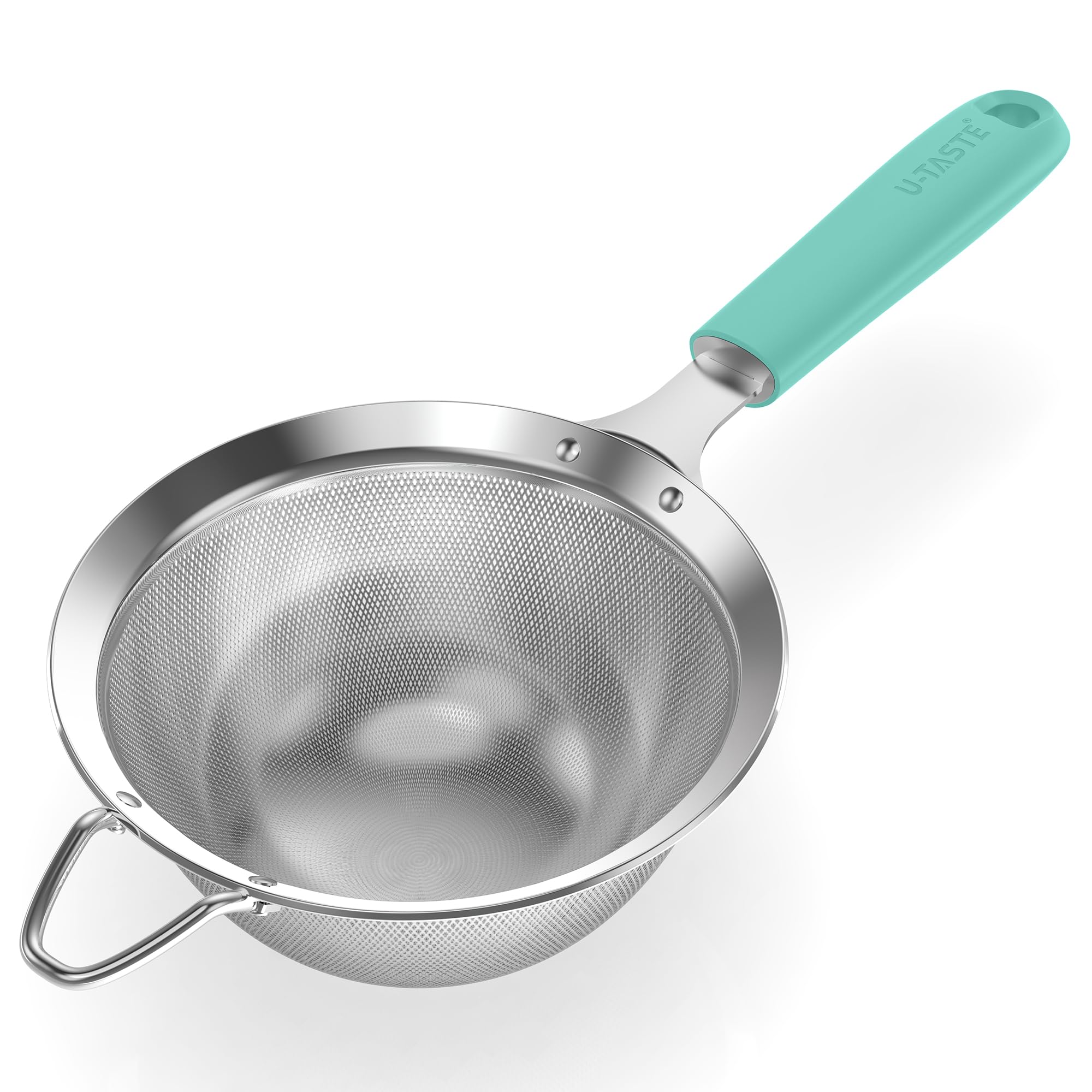 U-Taste Medium Fine Mesh Sieve: 18/8 Stainless Steel 12cm Kitchen Sieve and Strainer with Riveted Sturdy Silicone Handle, Great for Sifting Flour, Straining Tea, Rice, Quinoa (Aqua Sky)