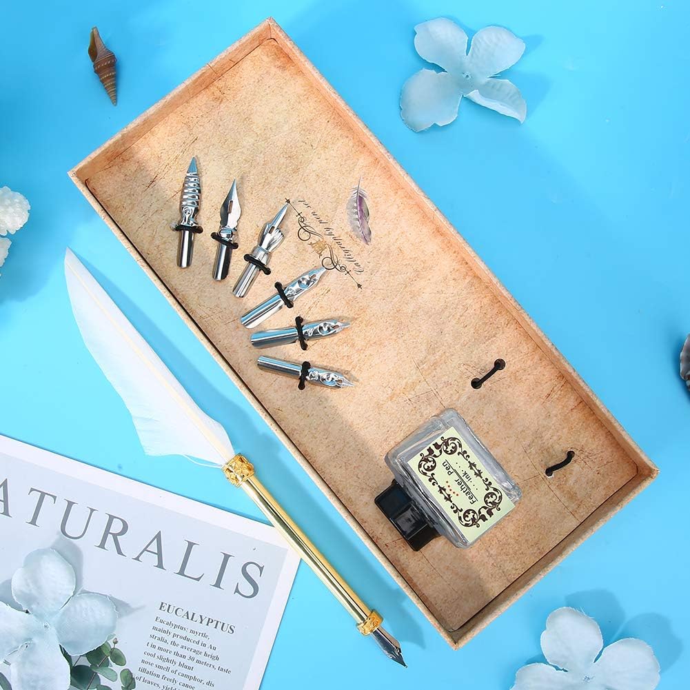 Fdit Vintage Feather Pen, Simple Metal Calligraphy Writing Quill Pen with Ink Pen Gift Box for Christmas Birthday (9.4in) - Image 5