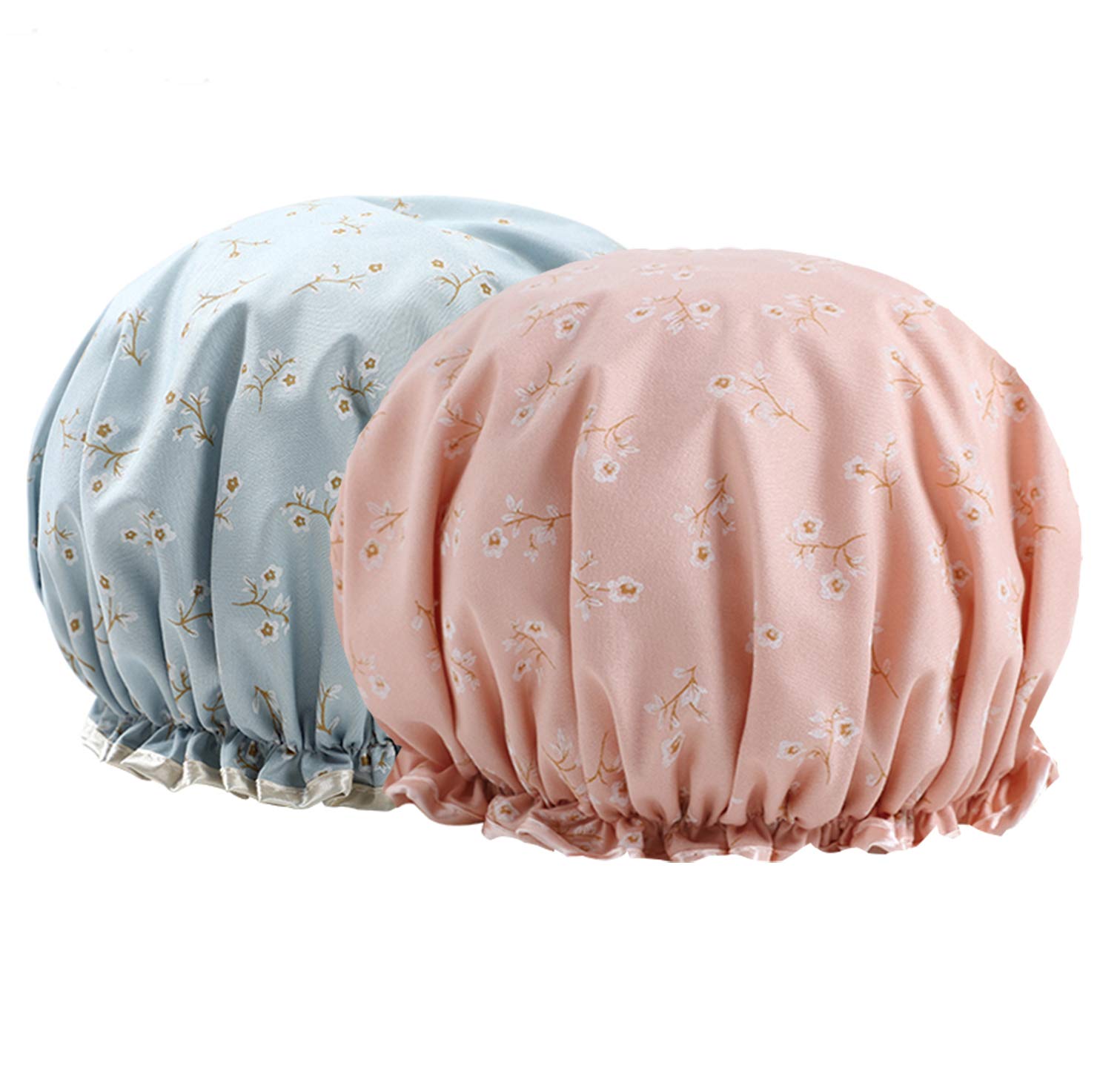 2 Packs Women Double layer Shower Cap Waterproof Elastic Bath Cap With Pattern for Women Shower Spa Salon