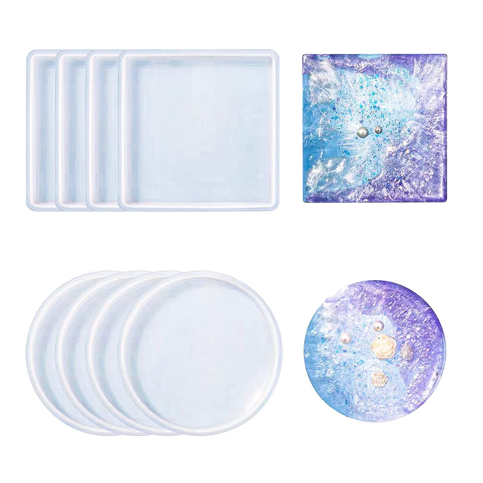 LOREC 8 Pcs Coaster Moulds for Epoxy Resin Transparent Square Coaster Resin Mould and Round Resin Coasters Moulds Silicone Resin Mold for Making DIY Cups Mats,Tray,Home Decoration