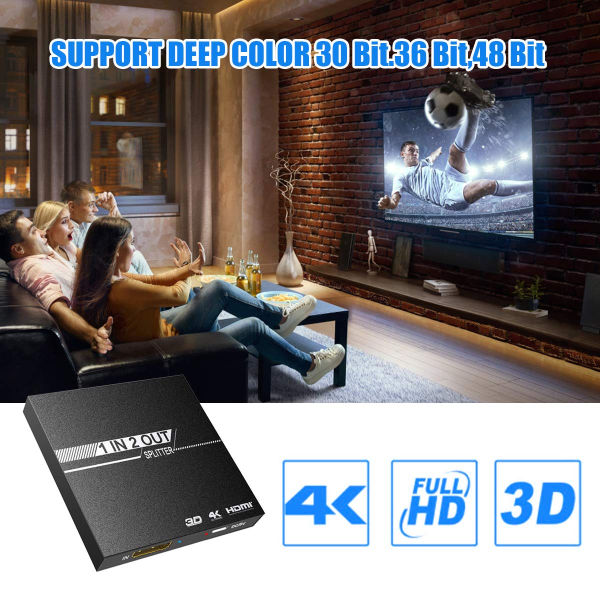 HDMI Splitter 1 in 2 Out, 1X2 HDMI Splitter for TV Support Output Display 2 Monitor in Simultaneously + 1.4v HDMI Cable