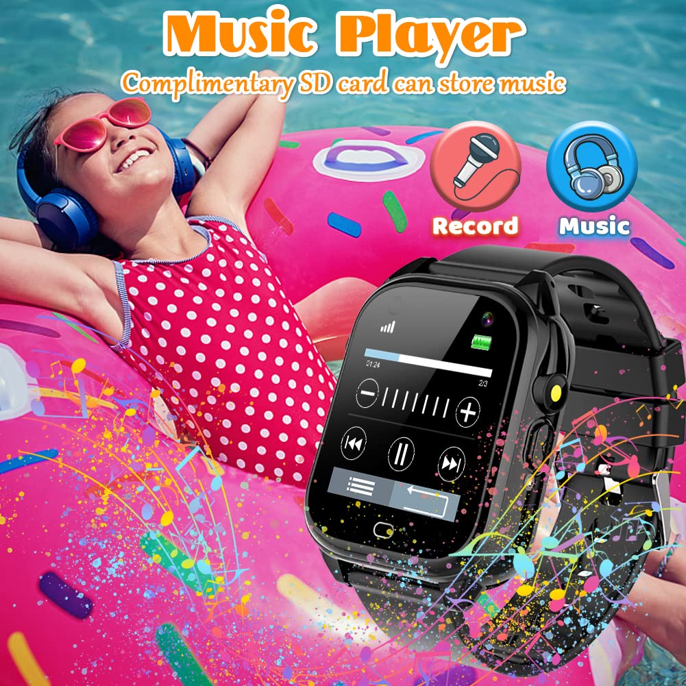 OVV Smart Watch for Kids Waterproof Boys Girls Learning Toys Watches with 26 Puzzle Games Camera Video Music Player Pedometer HD Touchscreen Alarm Clock Flashlight Children Age 3-12 (1. Black)